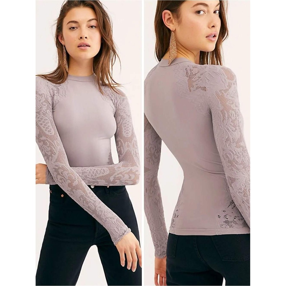 Free People Intimately Top Womens XS/S Grey Lace Mock Neck Long Sleeve Layering